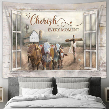 Cherish Every Moment Cows On Field Tapestry Prints - Religious Tapestry Art - Christian Home Decor