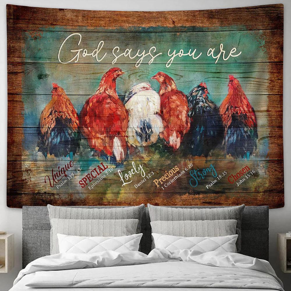 Chicken Farm God Says You Are Tapestry Wall Art - Bible Verse Tapestry - Religious Tapestry Wall Hanging