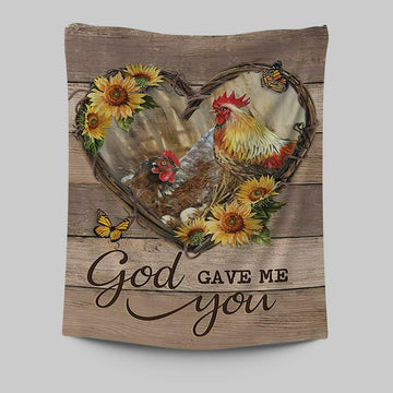 Chicken Heart Shape Sunflower Garden - God Gave Me You Tapestry Wall Art - Christian Tapestries Prints - Bible Verse Tapestry Art