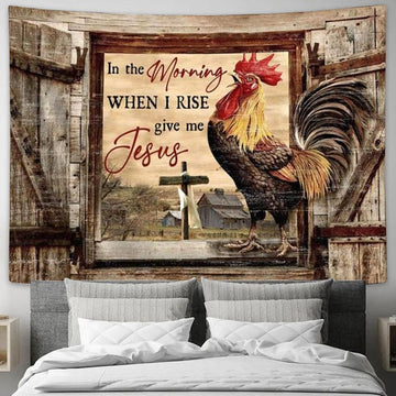 Chickens On Farm, In The Morning When I Rise Give Me Jesus Farmhouse Tapestry, Tapestries for Living Room Bedroom