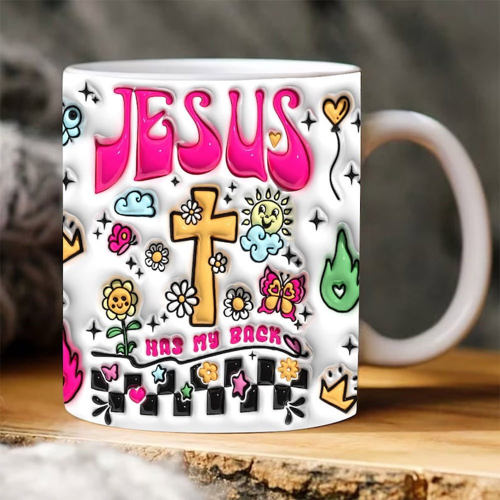 Christian 3D Mug, 3D Jesus Has My Back Inflated Mug, Bible Verse Inflated Mug, 3D Jesus Mug, Religious 3D Mug