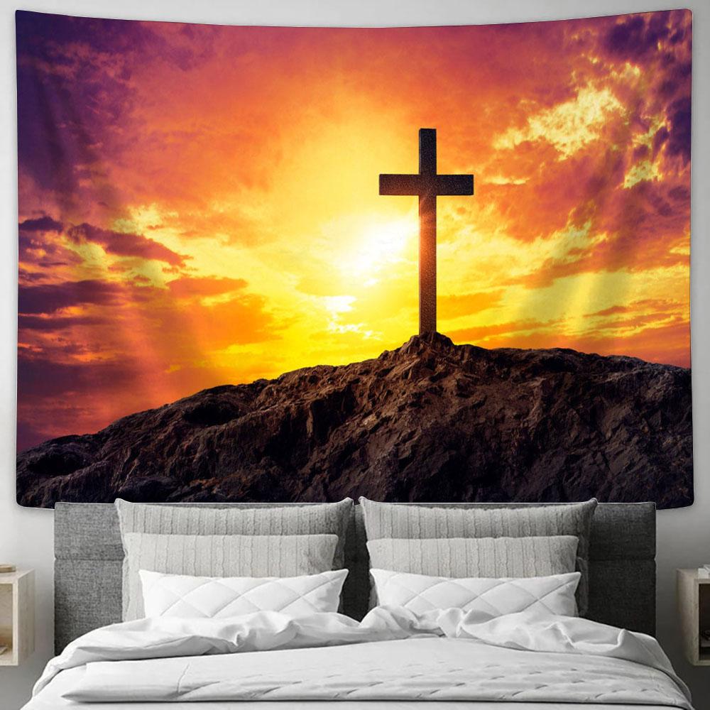 Christian Cross On Mountain Tapestry Pictures - Faith Art - Christian Tapestry Wall Art Decor