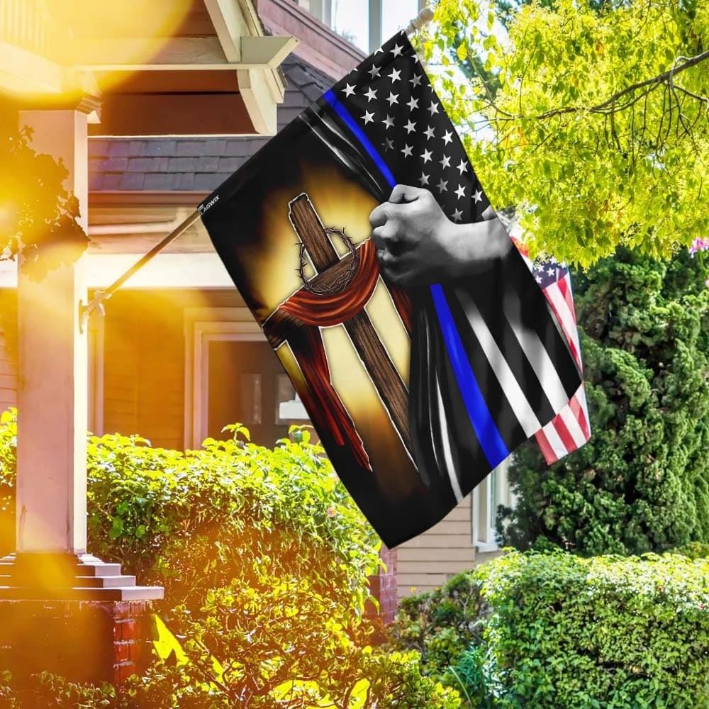 Christian Cross Thin Blue Line House Flags, Christian Flag, Scripture Flag, Garden Banner