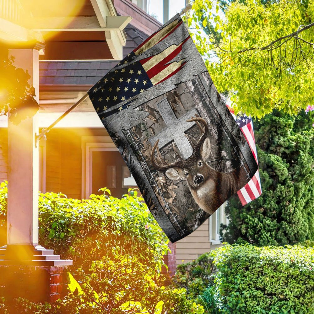 Christian Garden Flags, Deer Hunting Jesus Cross American US Flag, Christian House Flags, Christian Cross Flag, Faith Flag