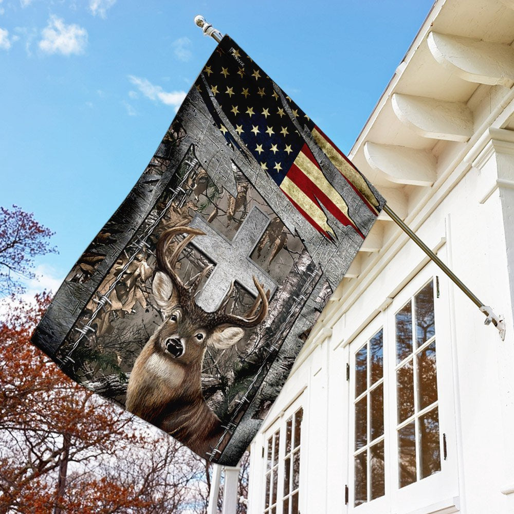 Christian Garden Flags, Deer Hunting Jesus Cross American US Flag, Christian House Flags, Christian Cross Flag, Faith Flag