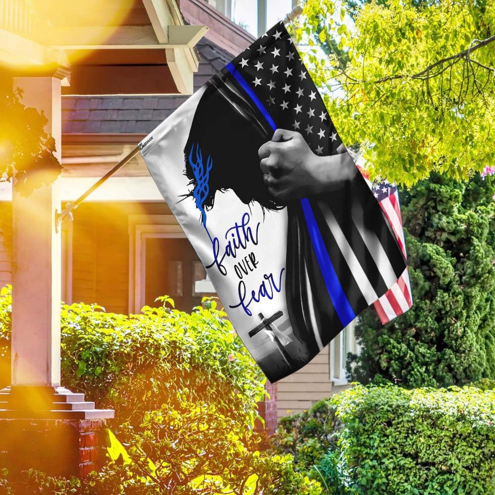 Christian Garden Flags, Faith Over Fear - Thin Blue Line Flag, Christian House Flags, Christian Cross Flag, Faith Flag