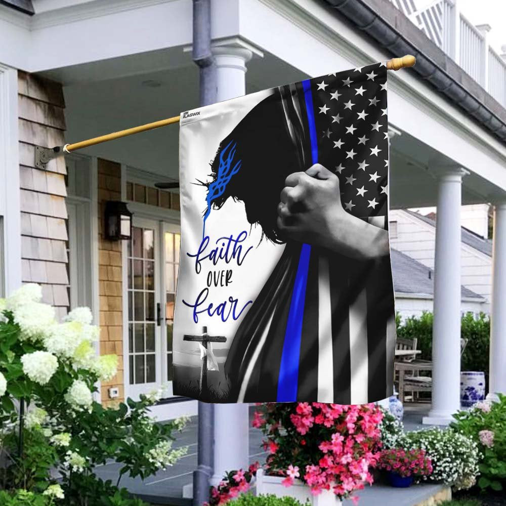 Christian Garden Flags, Faith Over Fear - Thin Blue Line Flag, Christian House Flags, Christian Cross Flag, Faith Flag