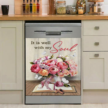 Christian It Is Well With My Soul Roses With Old Bible Book Dishwasher Cover, Bible Verse Dishwasher Magnet Cover, Scripture Kitchen Decor