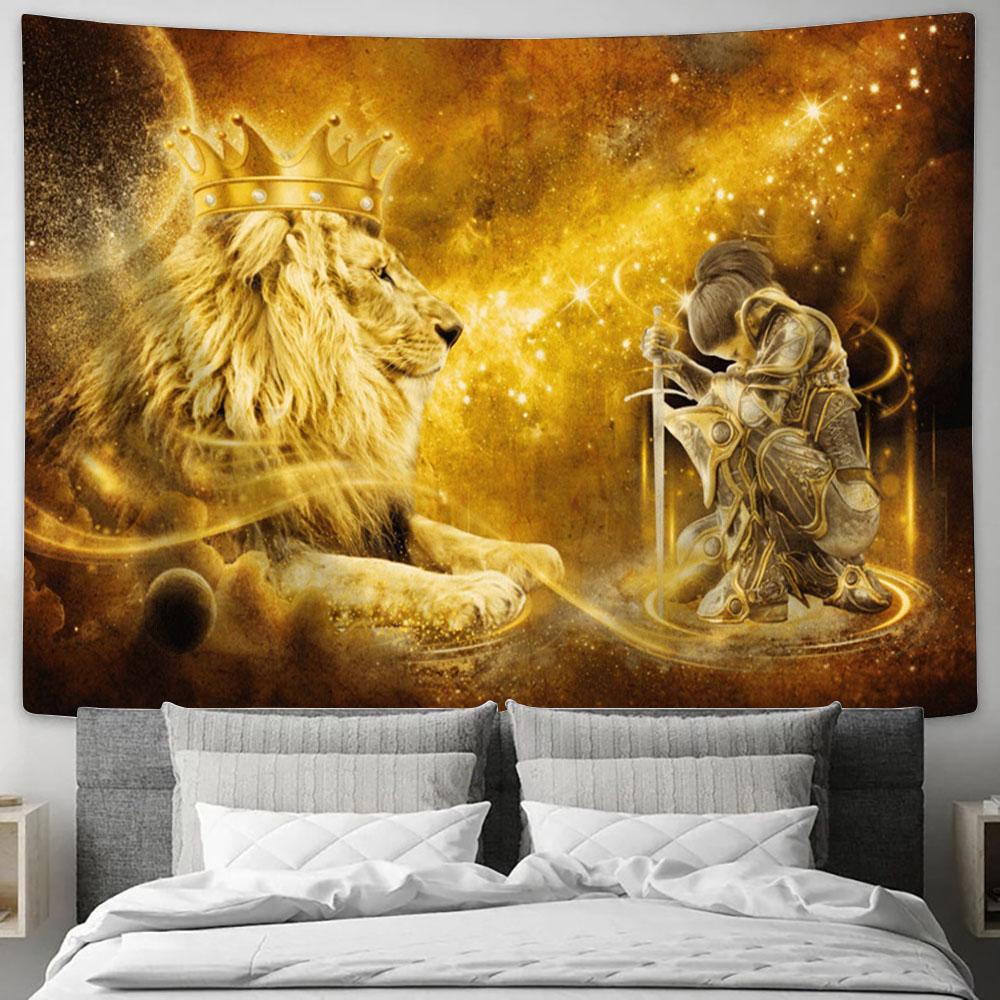 Christian Lion And Female Warrior Knight Of God Large Tapestry Art - Christian Wall Art Home Decor - Religious Tapestry Prints