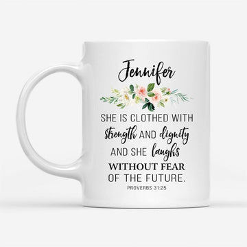 Christian Mugs She Is Clothed With Strength &amp; Dignity Personalized Coffee Mug, Christian Mug, Bible Mug, Faith Gift, Encouragement Gift