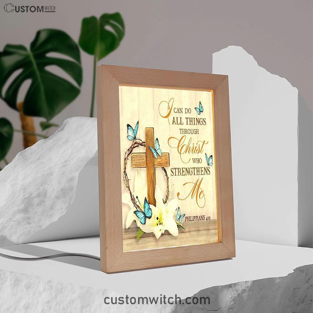 Christian Philippians 413 Nkjv Wooden Cross Lily Flower Butterflies Frame Lamp Prints - Bible Verse Decor - Scripture Art