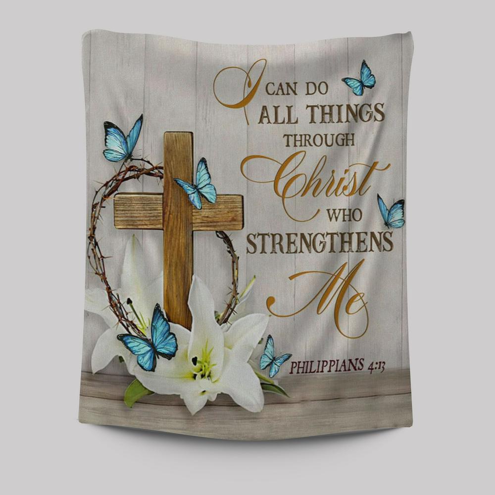 Christian Philippians 413 Nkjv Wooden Cross Lily Flower Butterflies Tapestry Prints - Bible Verse Wall Decor - Scripture Wall Art