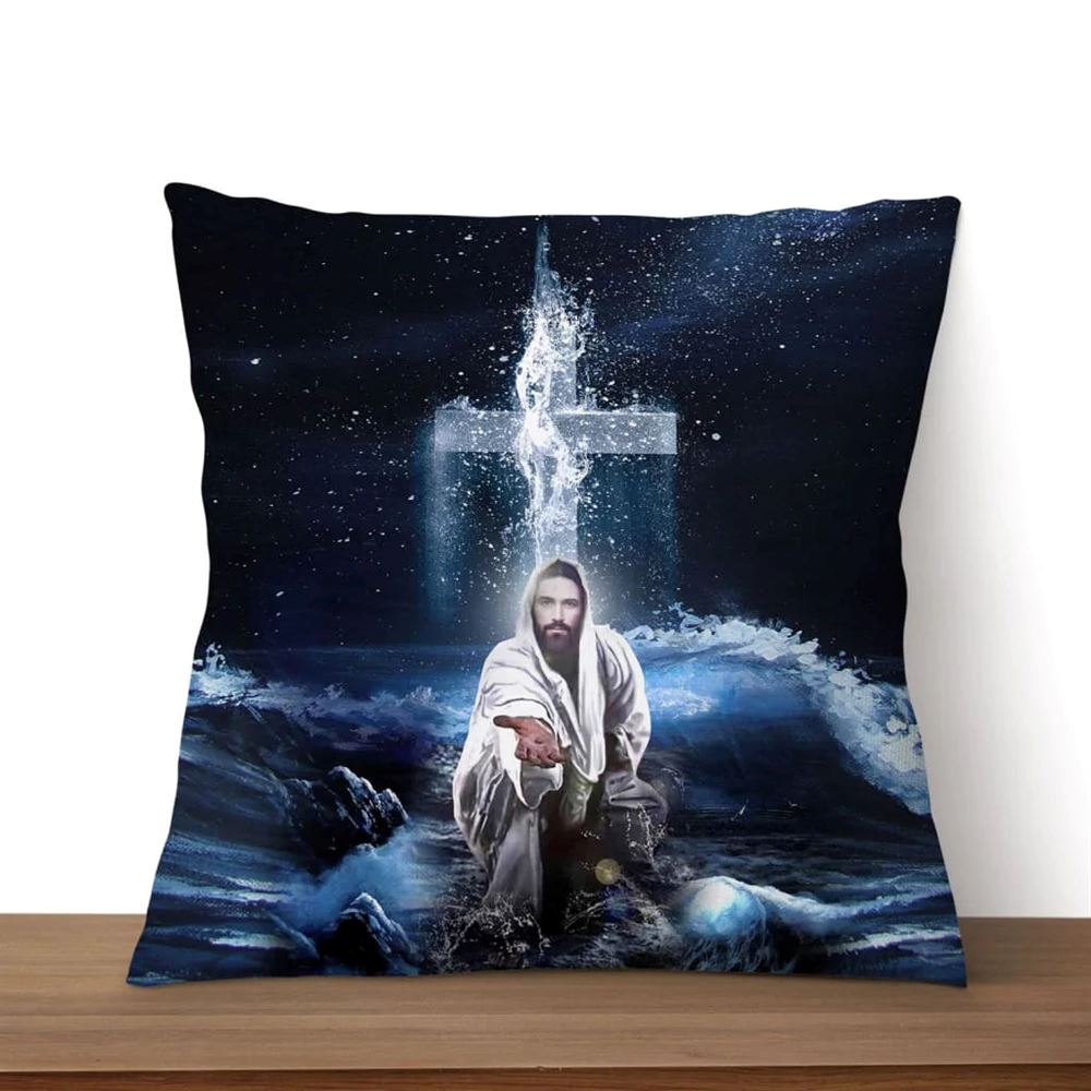 Christian Pillow, Jesus Pillow, Cross, Ocean Pillow, Jesus Outstretched Hands Saves Pillow, Christian Throw Pillow, Inspirational Gifts, Best Pillow
