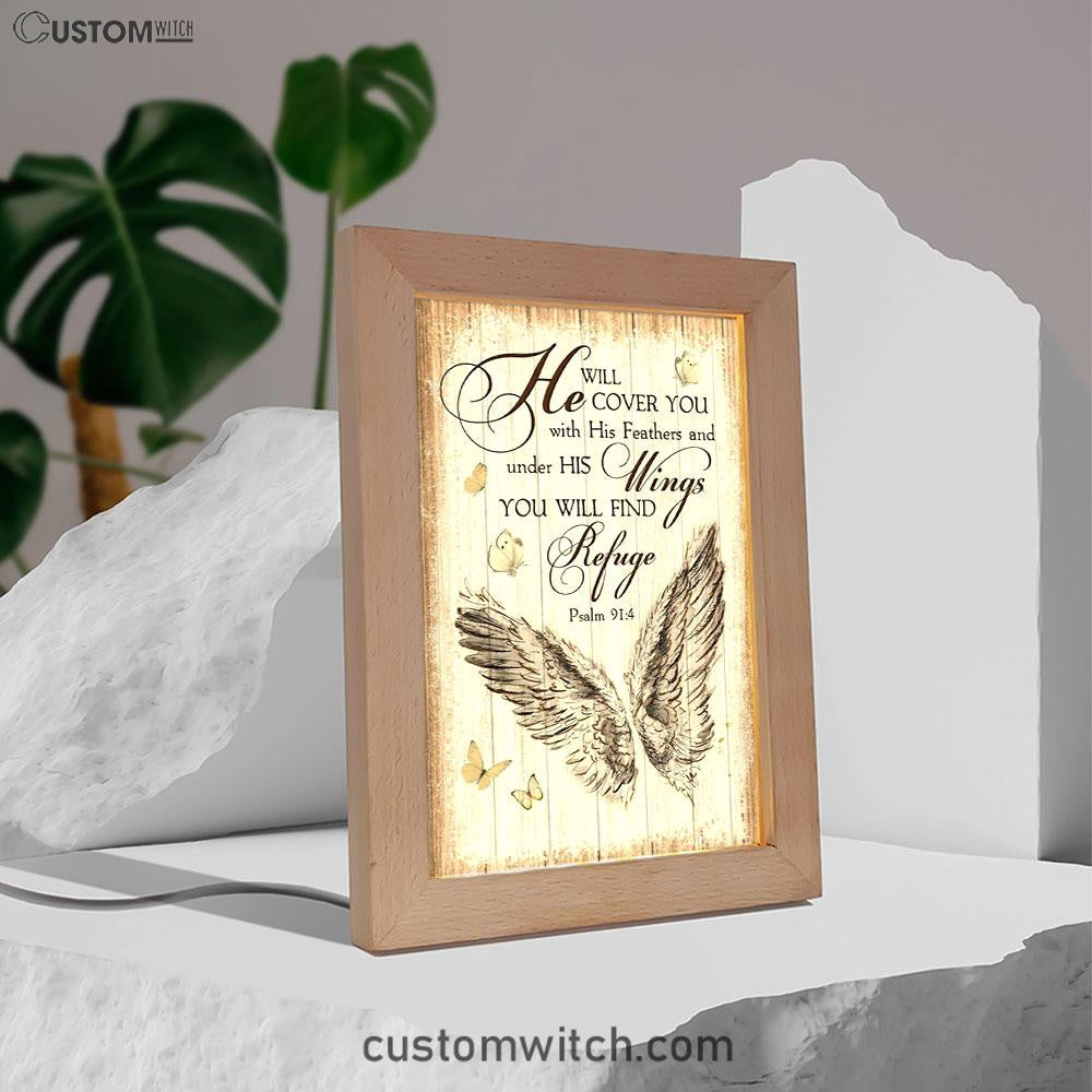 Christian Psalm 914 He Will Cover You With His Feathers Frame Lamp Prints - Bible Verse Decor - Scripture Art