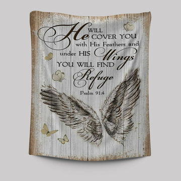 Christian Psalm 914 He Will Cover You With His Feathers Tapestry Prints - Bible Verse Wall Decor - Scripture Wall Art