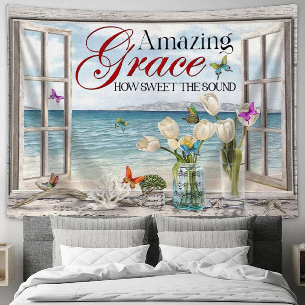Christian Wall Art Amazing Grace How Sweet The Sound - Butterflies Tapestry Print - Christian Wall Decor