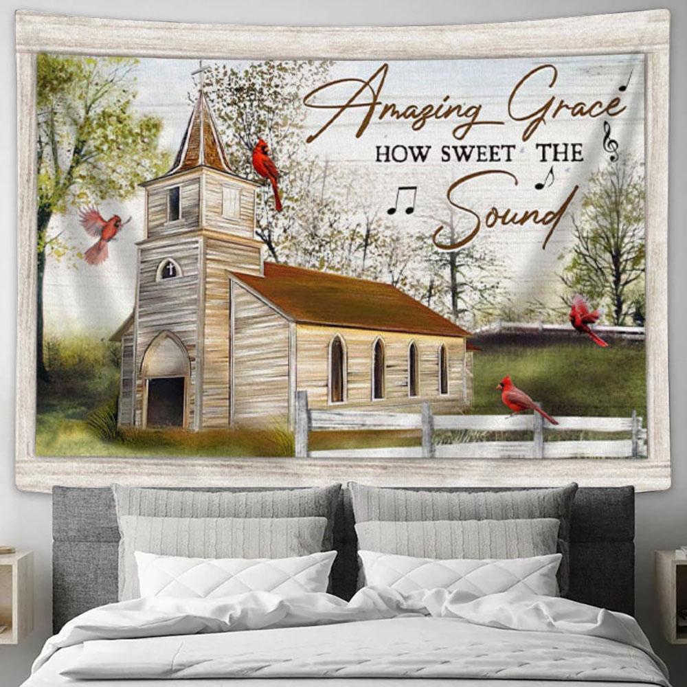 Christian Wall Art Amazing Grace How Sweet The Sound - Cardinal Bird Church - Tapestry Print - Christian Wall Decor
