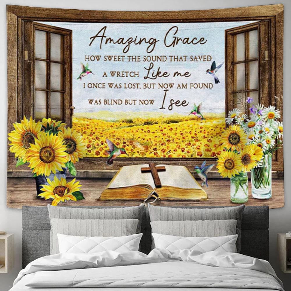 Christian Wall Art Amazing Grace How Sweet The Sound - Hummingbird Sunflower Tapestry Print - Christian Wall Decor