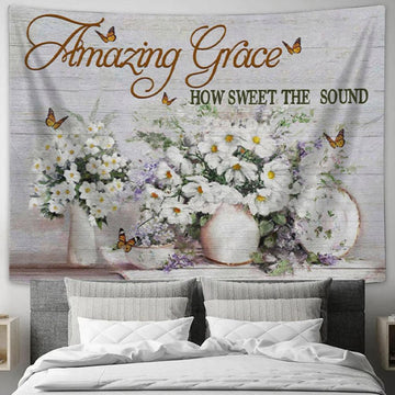 Christian Wall Art Amazing Grace How Sweet The Sound Butterfly Flowers Tapestry Print - Christian Wall Decor