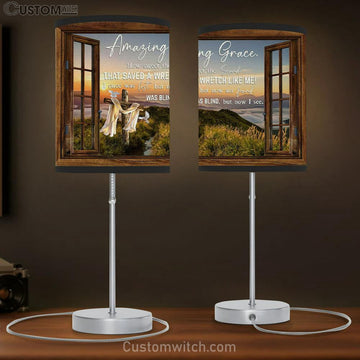 Christian Lamp Gift Amazing Grace How Sweet The Sound Cross Mountain Table Lamp Print - Christian Bedroom Decor