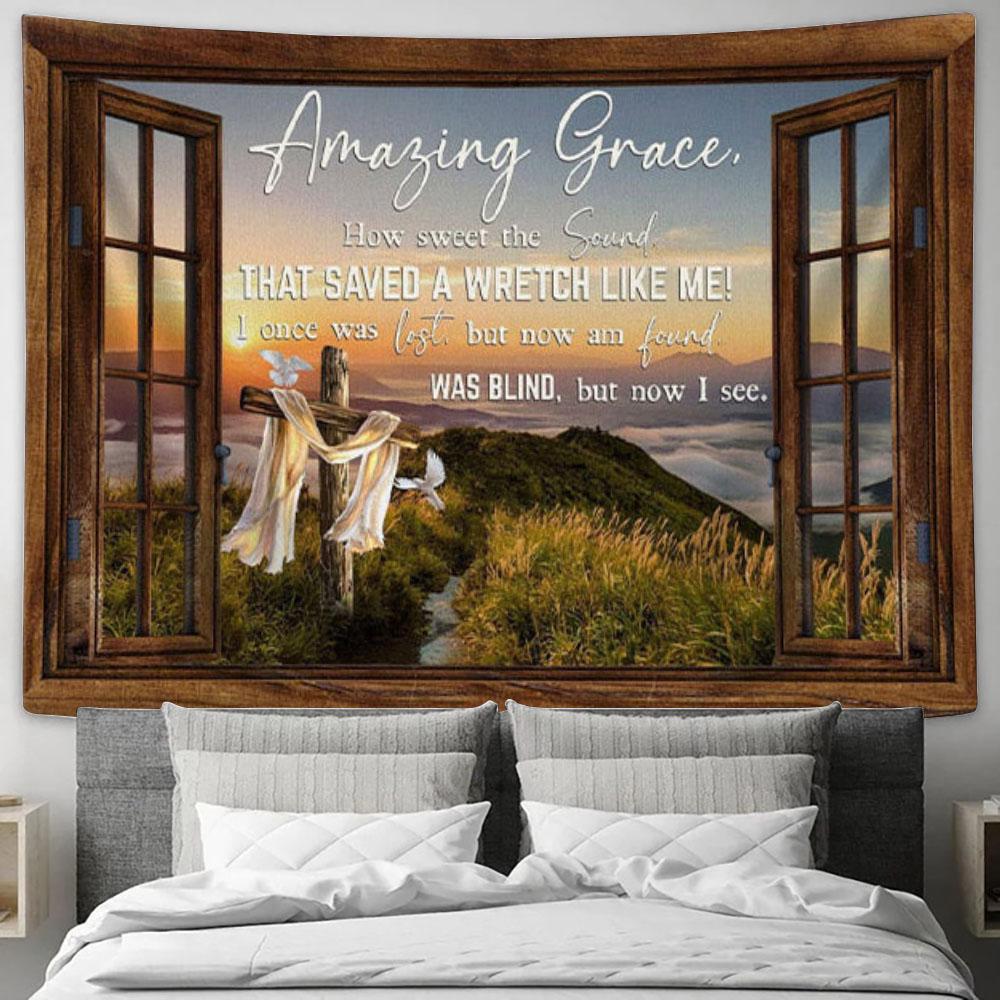 Christian Wall Art Amazing Grace How Sweet The Sound Cross Mountain Tapestry Print - Christian Wall Decor