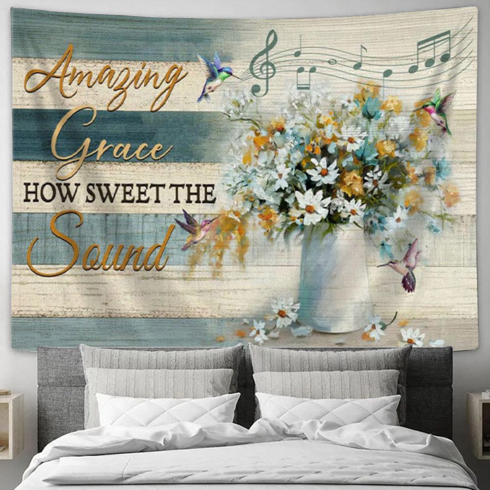 Christian Wall Art Amazing Grace How Sweet The Sound Farmhouse Style Tapestry Print - Christian Wall Decor
