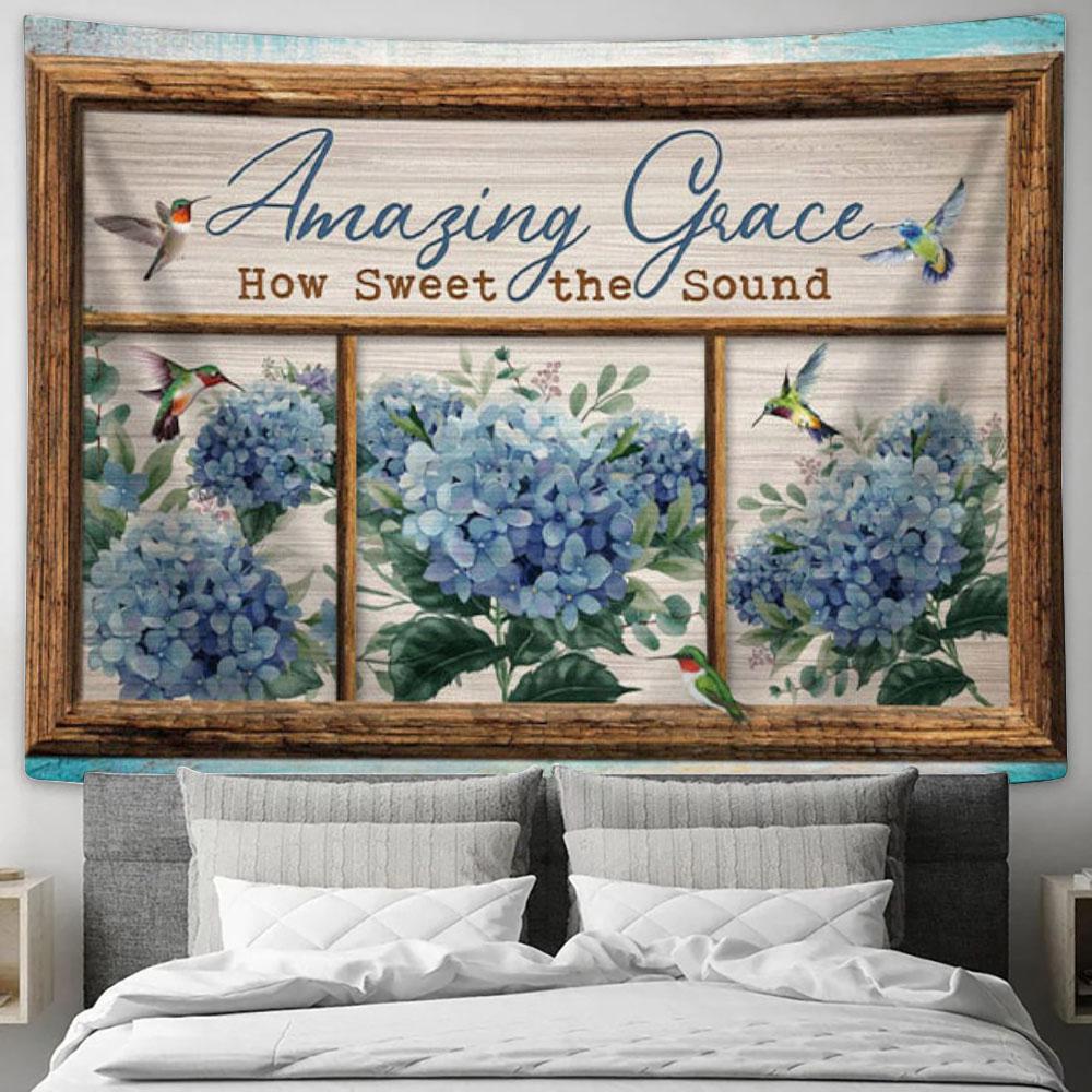 Christian Wall Art Amazing Grace How Sweet The Sound Hummingbird Flowers Tapestry Print - Christian Wall Decor
