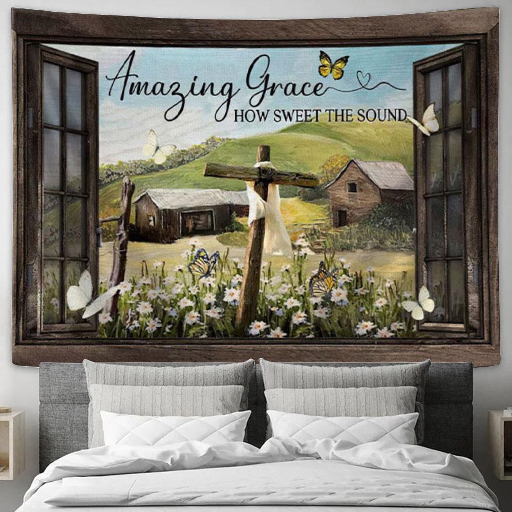 Christian Wall Art Amazing Grace How Sweet The Sound Rustic Farmhouse Tapestry Print - Christian Wall Decor