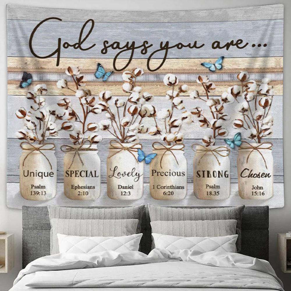 Christian Wall Art God Says You Are - Cotton Flowers Butterflies Tapestry Print - Christian Wall Decor