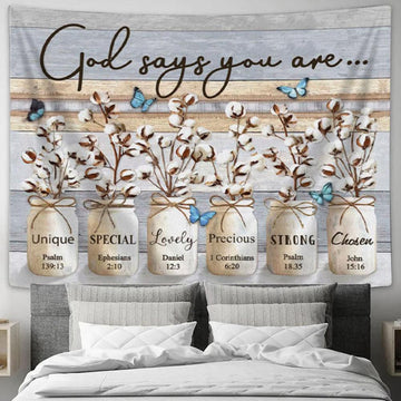 Christian Wall Art God Says You Are - Cotton Flowers Butterflies Tapestry Print - Christian Wall Decor