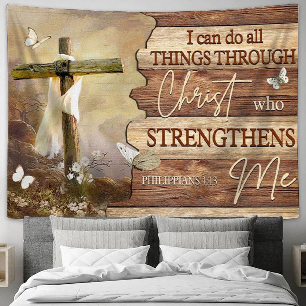 Christian Wall Art I Can Do All Things Through Christ Butterfly Cross Tapestry Print - Christian Wall Decor