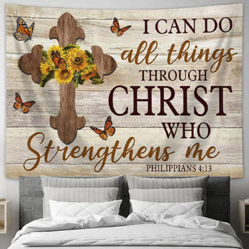 Christian Wall Art I Can Do All Things Through Christ Philippians 413 Sunflower Cross Tapestry - Christian Wall Decor