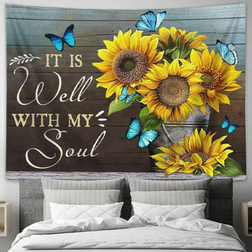 Christian Wall Art It Is Well With My Soul Butterfly Floral Tapestry Wall Art - Christian Wall Decor