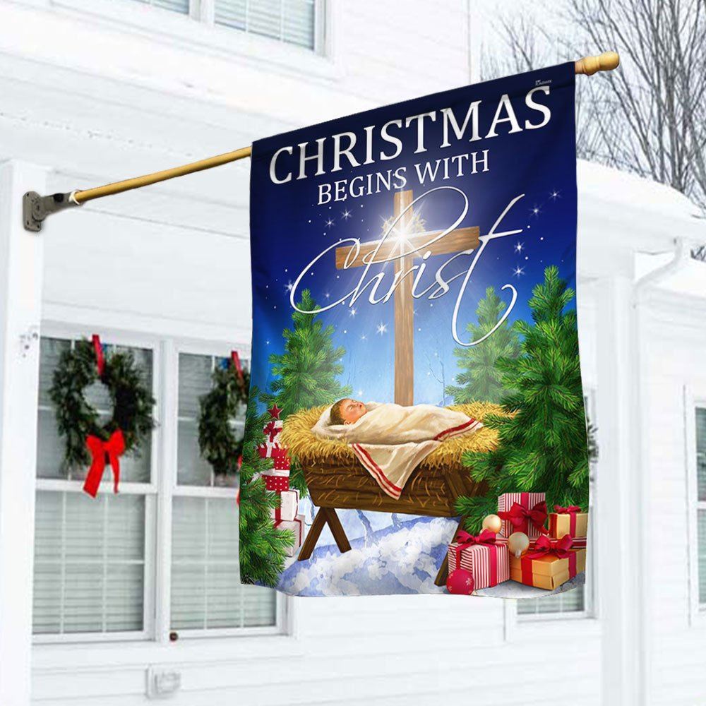 Christmas Begins With Christ Flag Jesus Is Born Baby Jesus In A Manger Flag, Christian Christmas House Flag, Christmas Outdoor Decor Ideas