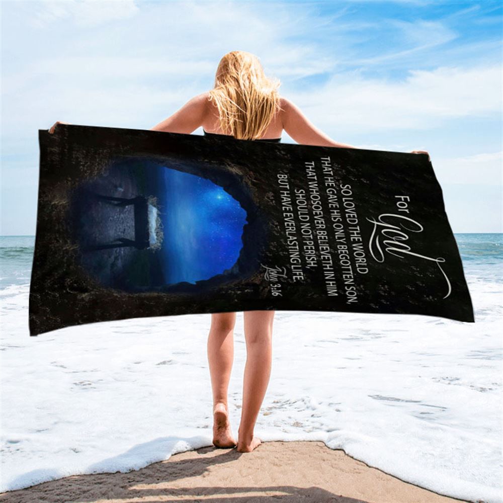 Christmas John 316 For God So Loved The World Empty Manger Beach Towel - Bible Verse Beach Towel - Scripture Beach Towel