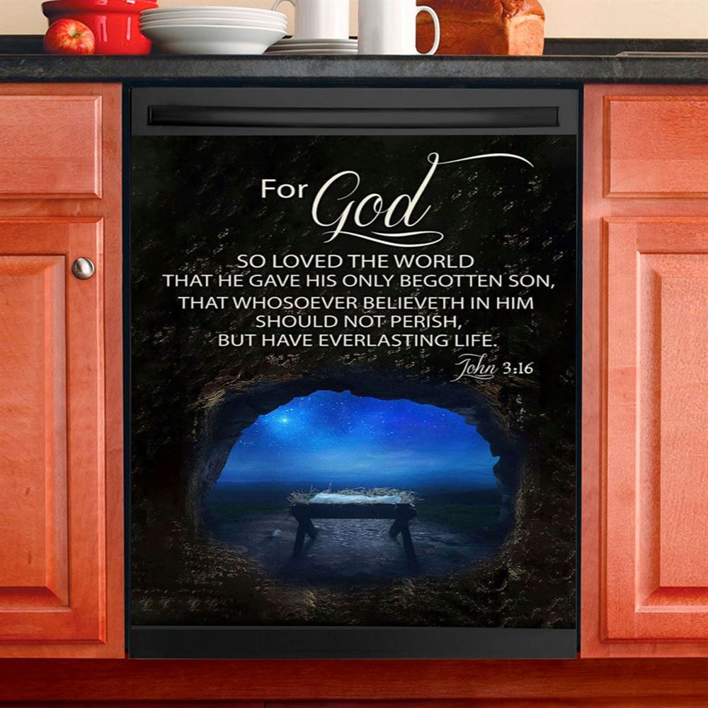 Christmas John 316 For God So Loved The World Empty Manger Dishwasher Cover, Bible Verse Dishwasher Magnet Cover, Scripture Kitchen Decor