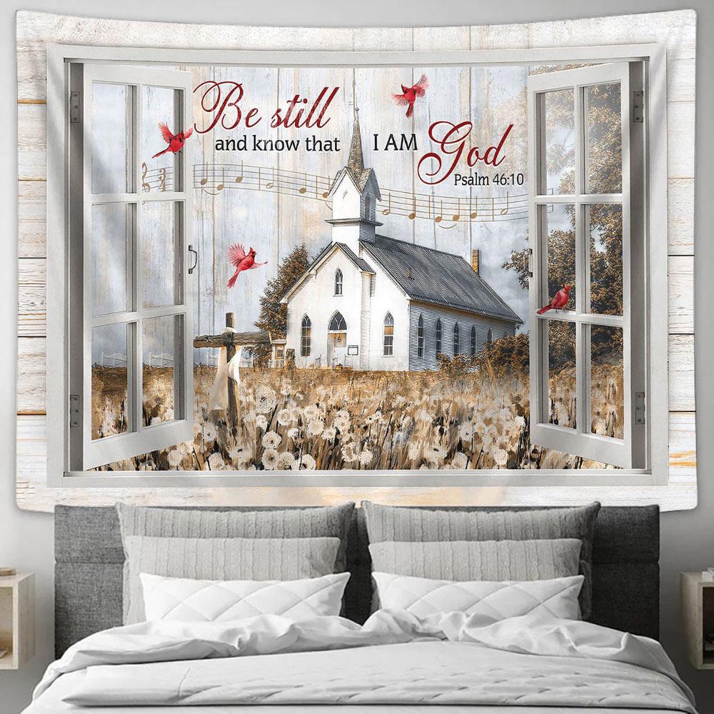 Church Dandelion Field Red Cardinal Be Still And Know That I Am God Tapestry Wall Art - Bible Verse Tapestry - Religious Tapestry Wall Hanging
