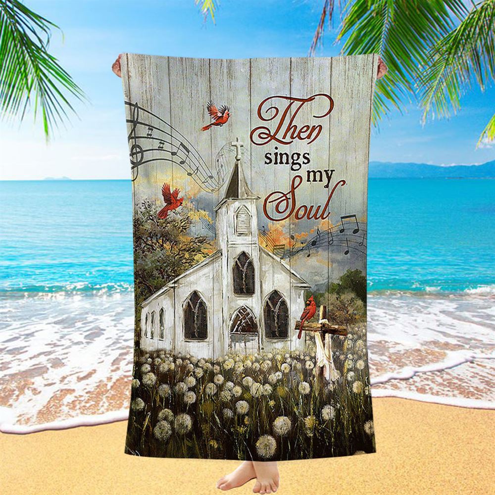 Church Lovely Red Cardinals Stunning Flower Field Beach Towel-Then Sings My Soul Beach Towel - Christian Beach Towel