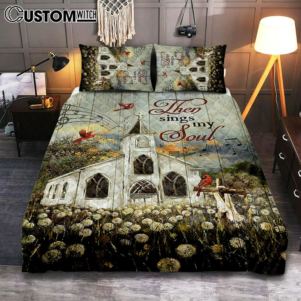 Church Lovely Red Cardinals Stunning Flower Field Quilt Bedding Set-Then Sings My Soul Quilt Bedding Set Bedroom - Christian Quilt Bedding Set Prints