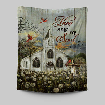 Church Lovely Red Cardinals Stunning Flower Field Tapestry-Then Sings My Soul Tapestry Wall Art - Christian Tapestries Prints