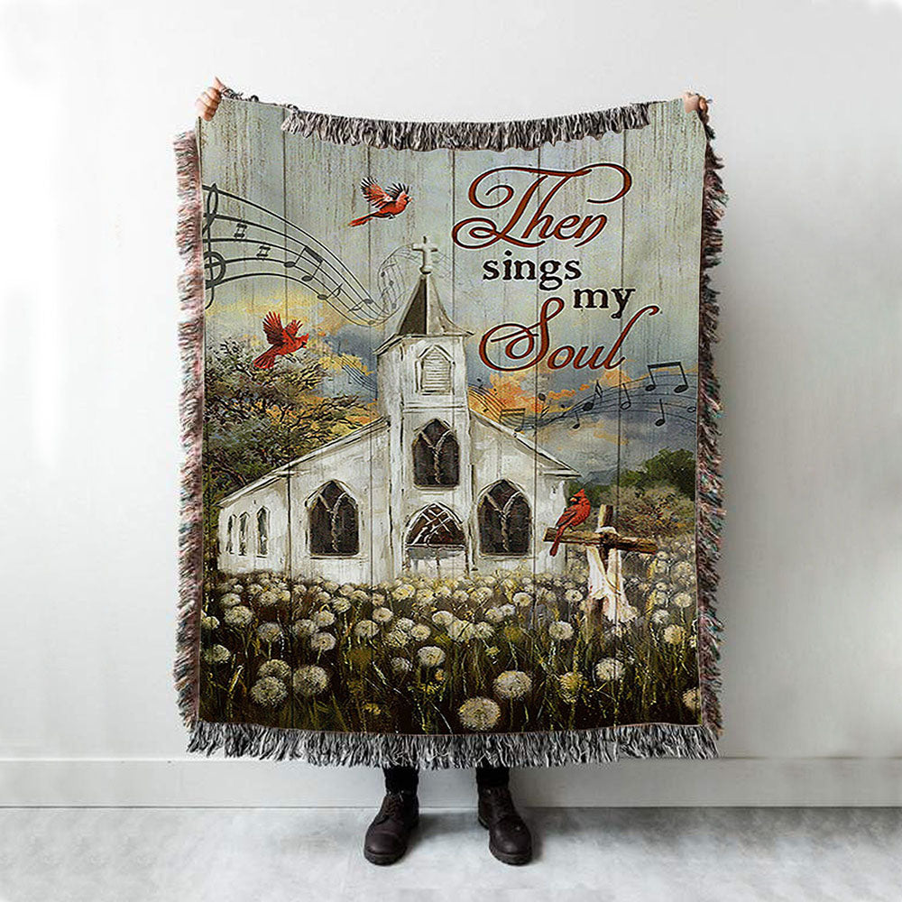 Church Lovely Red Cardinals Stunning Flower Field Woven Blanket-Then Sings My Soul Woven Throw Blanket - Christian Woven Blanket Prints
