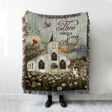 Church Lovely Red Cardinals Stunning Flower Field Woven Blanket-Then Sings My Soul Woven Throw Blanket - Christian Woven Blanket Prints