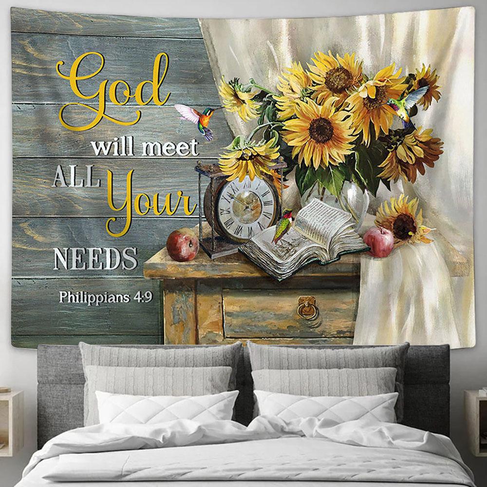 Clock Sunflower Vase God Will Meet All Your Needs Tapestry Wall Art - Bible Verse Tapestry - Religious Tapestry Wall Hanging