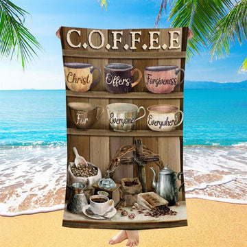 Coffee Bar, Cup Of Coffee, Christ Offer Forgiveness For Everyone Everywhere Beach Towel, Christian Beach Towel, Christian Gift, Gift For Women