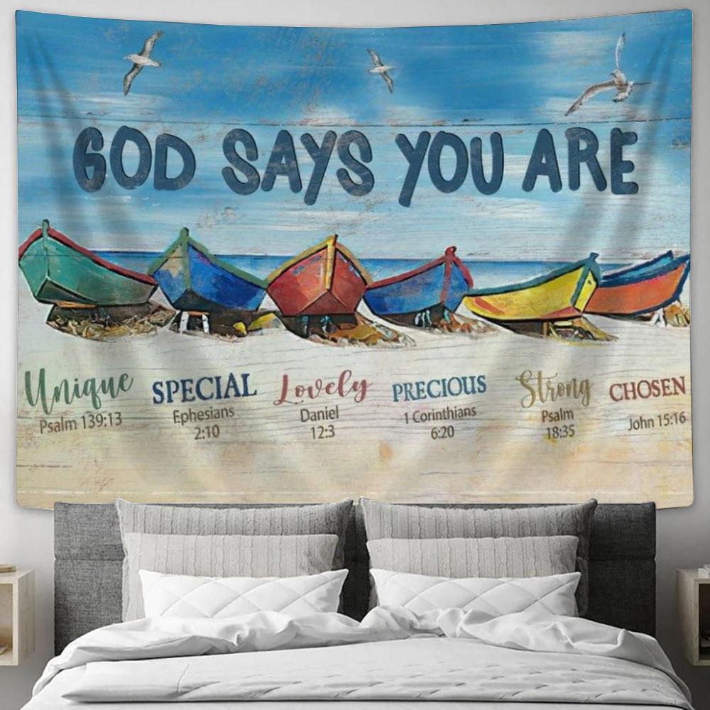 Colorful Boat Beach Painting God Says You Are Tapestry, Tapestries for Living Room Bedroom