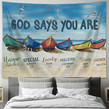 Colorful Boat Beach Painting God Says You Are Tapestry, Tapestries for Living Room Bedroom