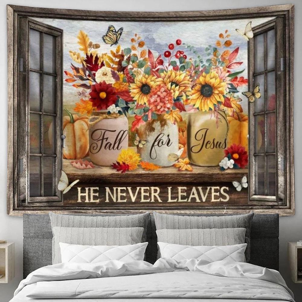 Colorful Flower, Pumpkin Painting, Fall For Jesus, He Never Leaves Tapestry, Tapestries for Living Room Bedroom