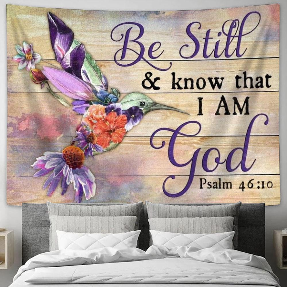 Colorful Hummingbird, Flower Painting, Be Still And Know That I Am God Tapestry, Tapestries for Living Room Bedroom