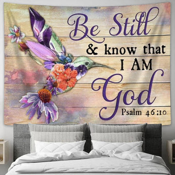 Colorful Hummingbird, Flower Painting, Be Still And Know That I Am God Tapestry, Tapestries for Living Room Bedroom