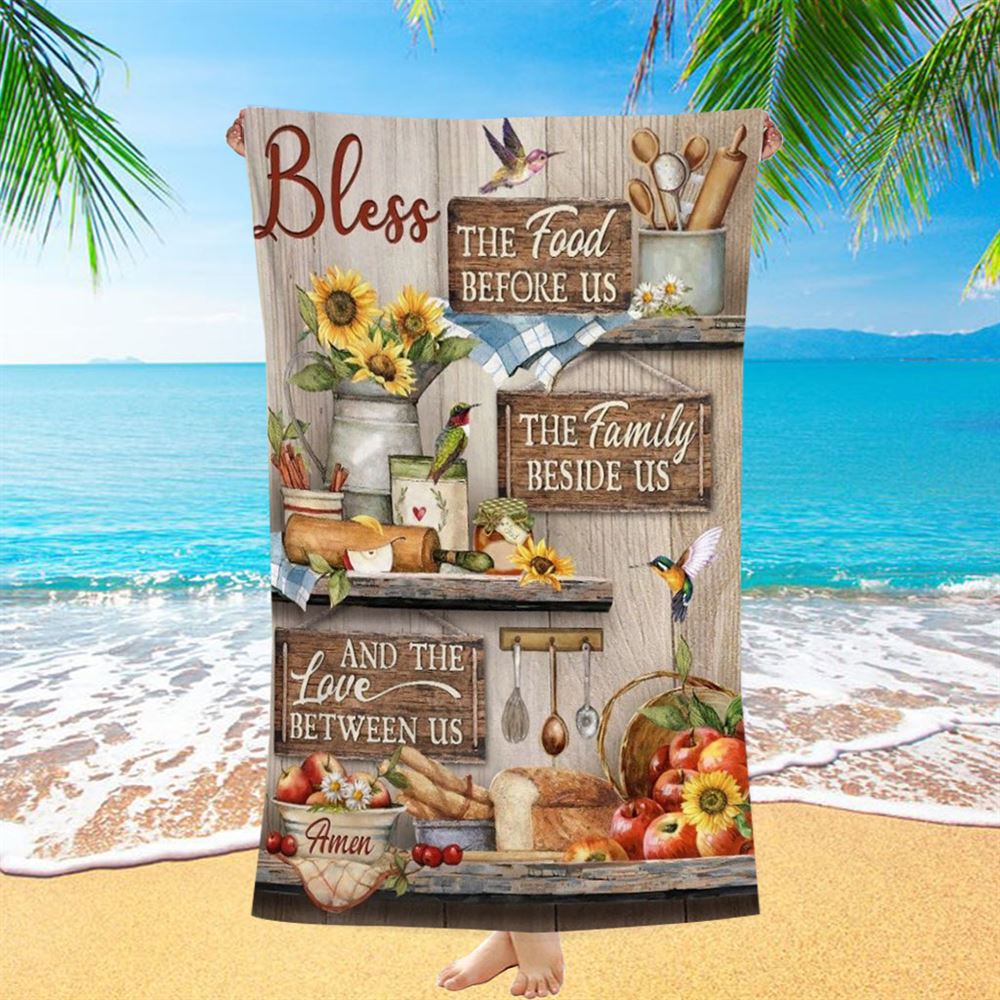 Colorful Kitchen, Hummingbird, Bless The Food Before Us Beach Towel, Christian Beach Towel, Christian Gift, Gift For Women
